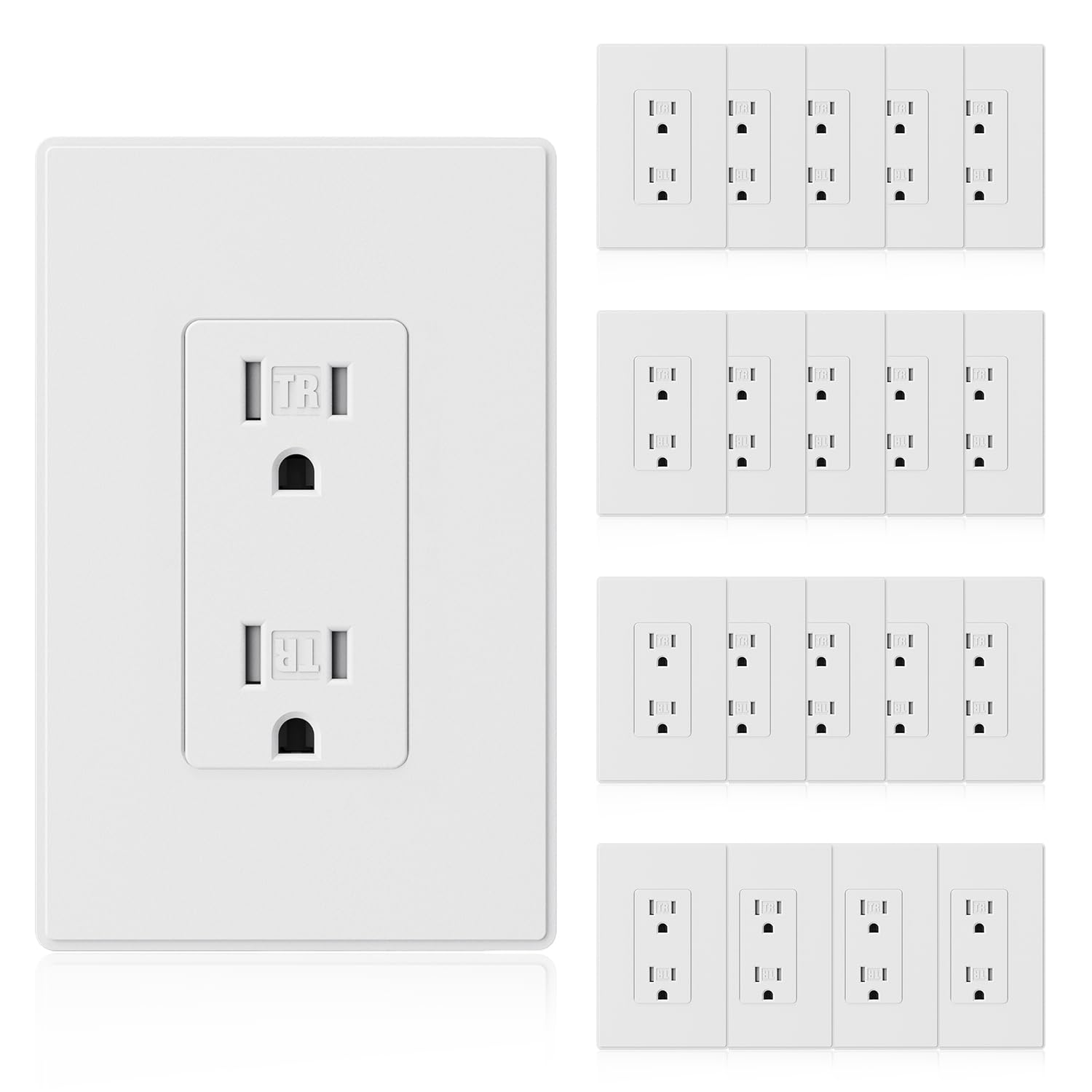Matte White Decorator Wall Receptacle Outlets, Tamper Resistant 15 Amp Standard Electrical Wall Outlet, Residential Grade, Self-Grounding, 125V, Mid Size Wall Plate Included, UL Listed, 20 Pack