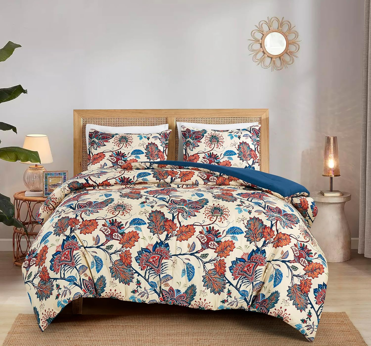 Azura 3-Piece Floral Comforter Set King - Multicolor Blue Red Orange Cream Printed Microfiber Lightweight Bedding Set for All Season