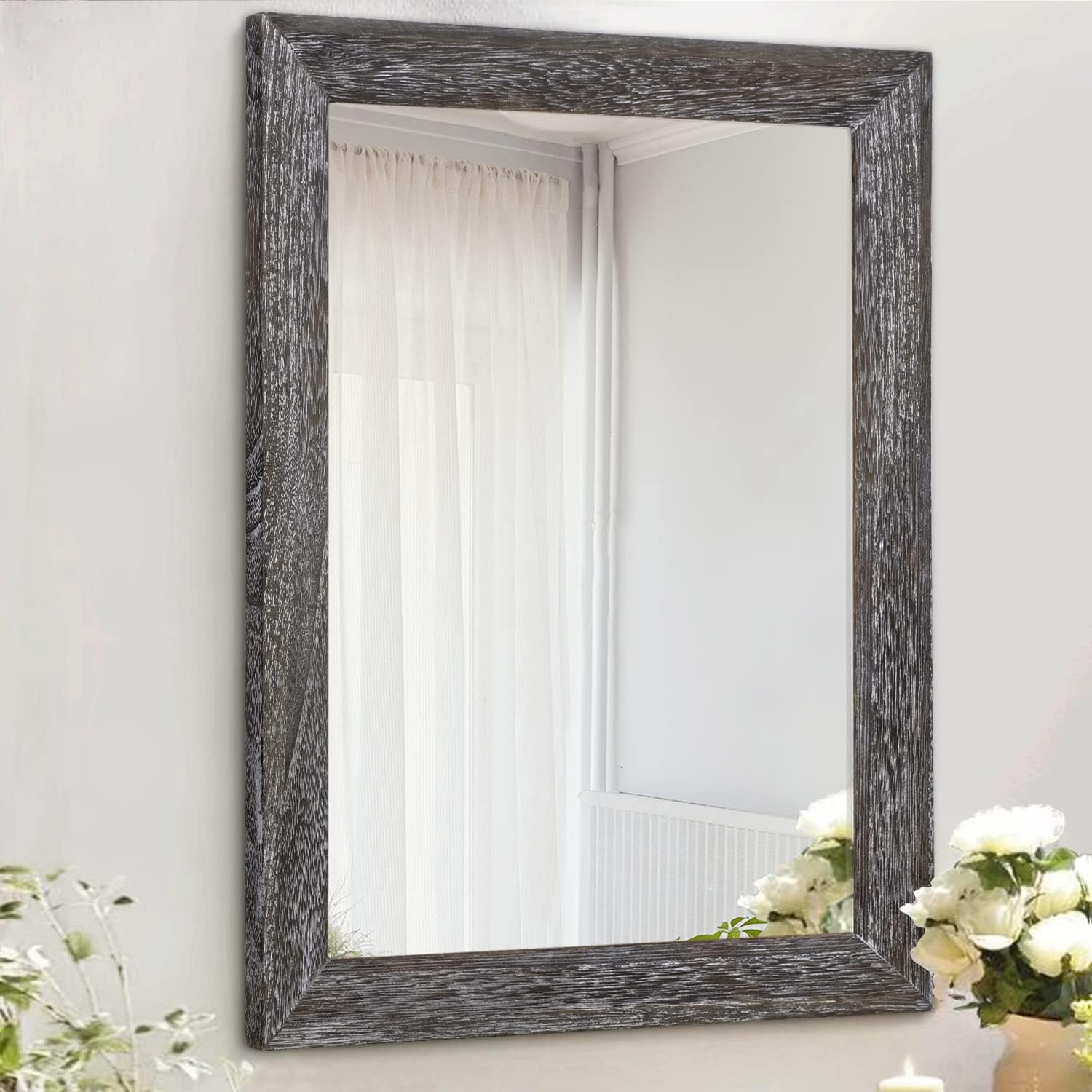 Wall Mirror with Rectangle Wood Frame Rustic Decorative Hanging Mirrors for Bedroom Bathroom Living Room Home Office Small