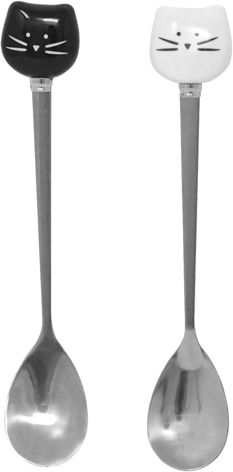2PCS Cute Cat Spoon Set - Stainless Steel Tea, Coffee & Sugar Spoons for Cat Mug, Black and White