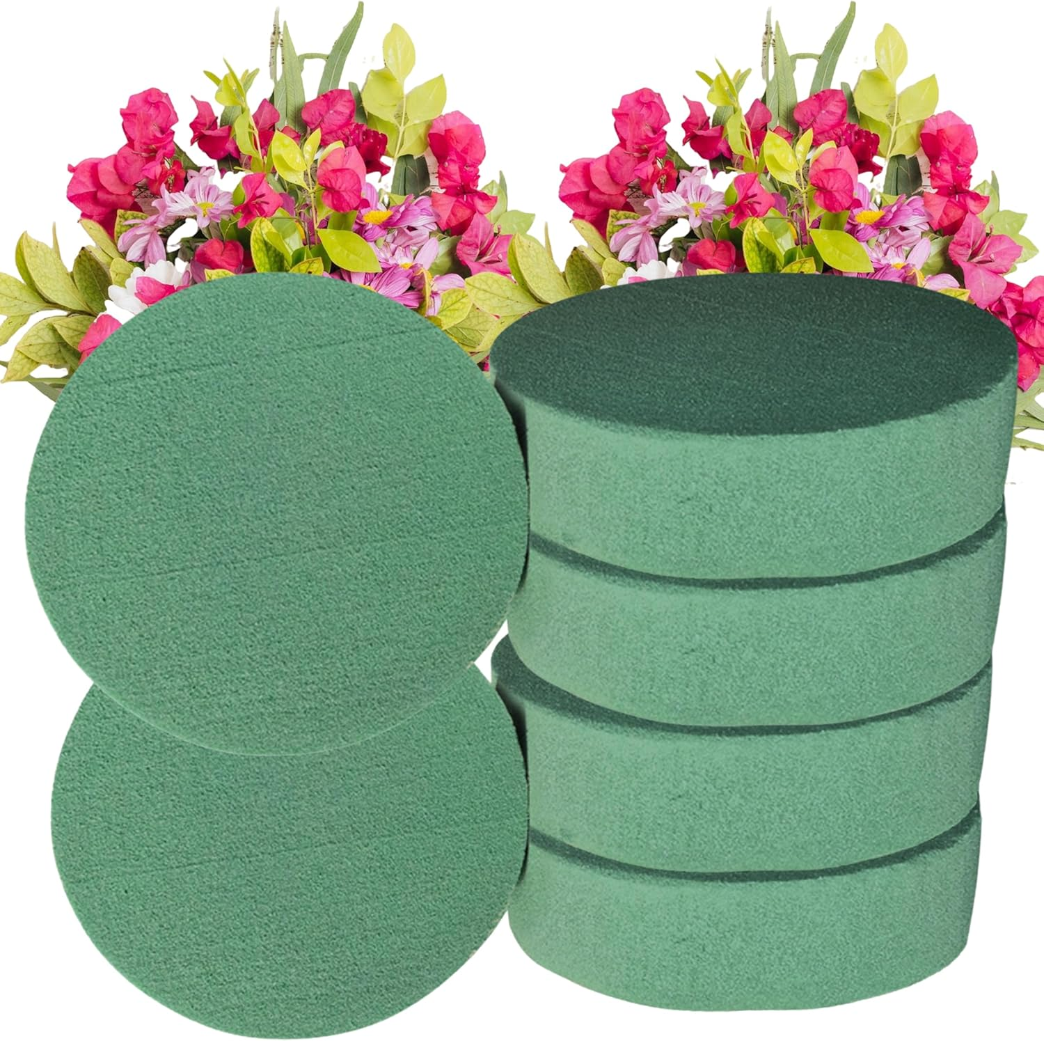 Pack of 6 round Floral Foam Blocks (3” X1.5”) Dry & Wet Green Flower Foam Blocks for Fresh & Artificial Flower Arrangements, Party Decorations, Florist Supplies (Size: 3 Inch)