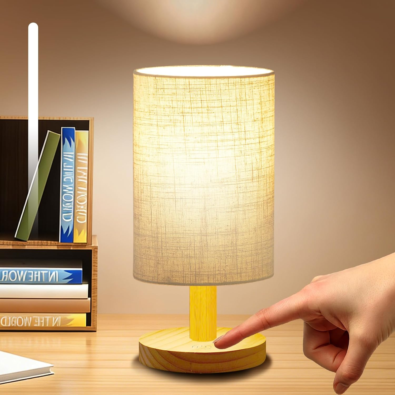 Small Touch Table Lamp for Bedroom, Bedside Lamp for Warm Light LED Desk Lamp, Wood Base round Flaxen Fabric Shade for Kids Room, Living Room, College Dorm, Home, Office