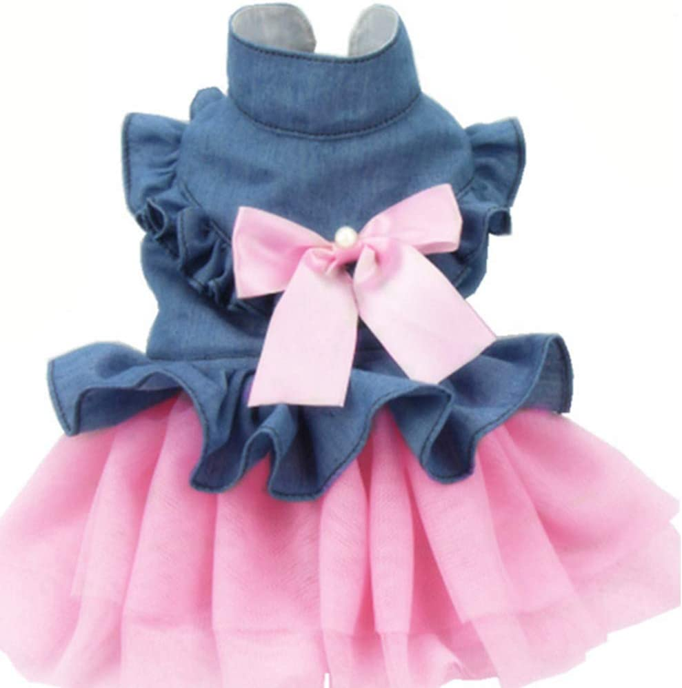 Pet Denim Dress with Cute Bow-Knot Comfy Vest Skirt Lace Trim Tutu Summer Spring Clothes for Cats and Small Dogs (Medium)