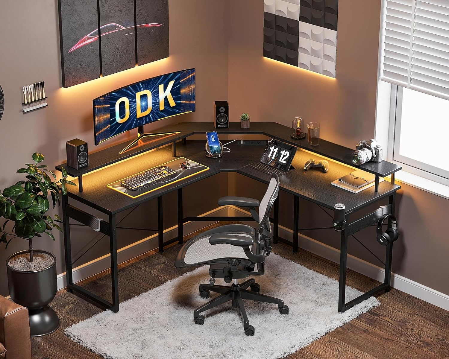 ODK Gaming Desk L Shaped with 10 Colour Lights&Power Outlet, L Shaped Desk Co... - Picture 3 of 14