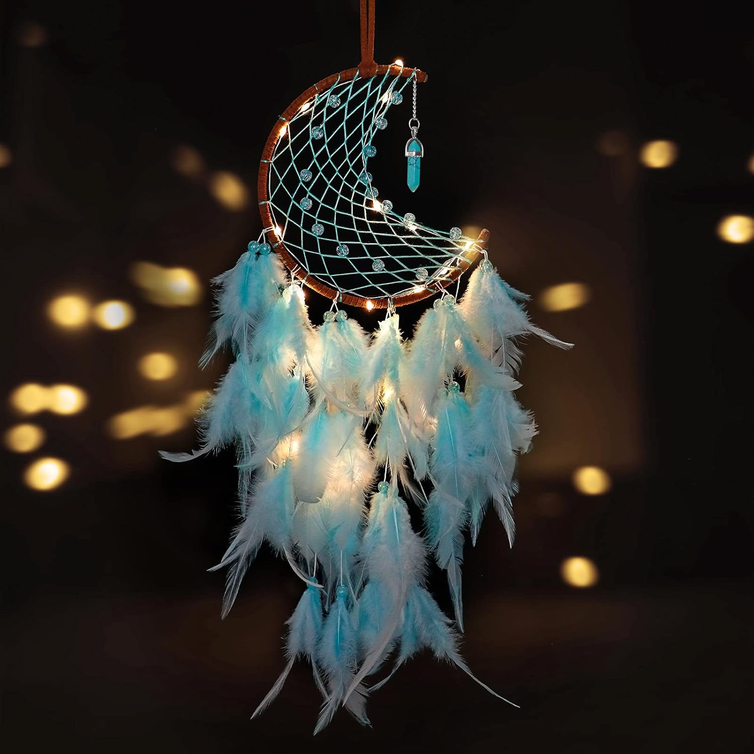 Moon Dream Catcher with Fairy Lights-Handmade Feather Lucky Turquoise Pendant Beads Wall Hanging Ornament for Kids Bedroom Home Decoration,Art Craft Gift. (Sky Blue)