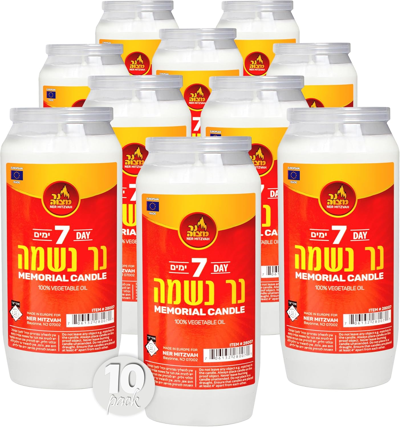 7 Day Yartzeit Candle - 10 Pack Kosher Yahrtzeit Memorial and Yom Kippur Candle in Plastic Holder