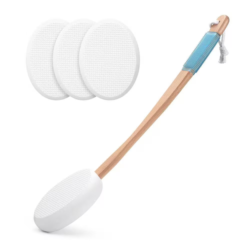 17 In. Curved Handle Lotion Applicator with 4 Replacement Pads for Back Feet Sunscreen Cream Elderly Women Kids