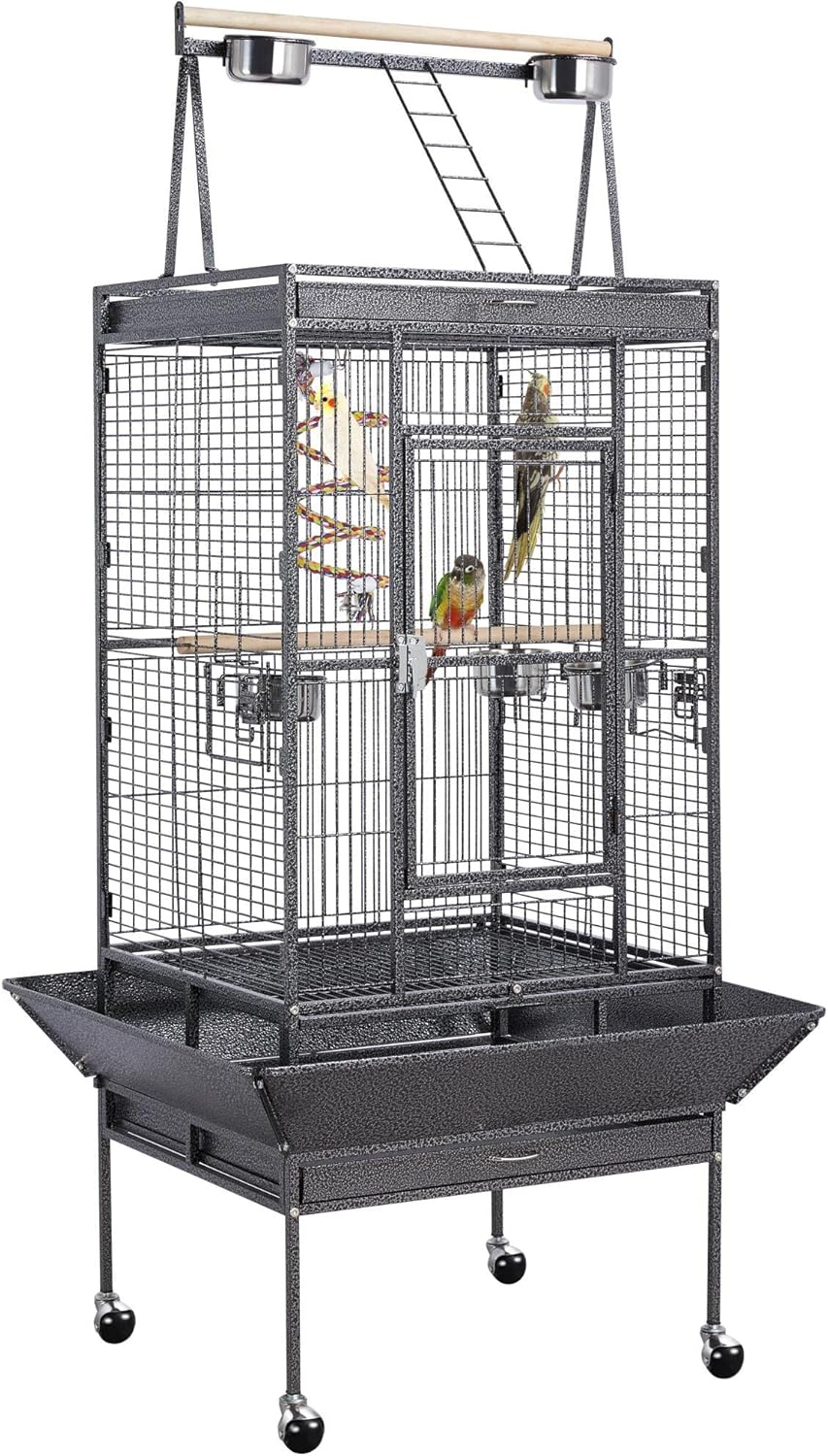 Parrot Cage 61X 56 X 174 Cm with Play Top Black | Bird Cage, Cockatiel Cage, Powder-Coated Wrought Iron, Slide-Out Tray, Escape-Proof Latch, Bar Spacing 15Mm