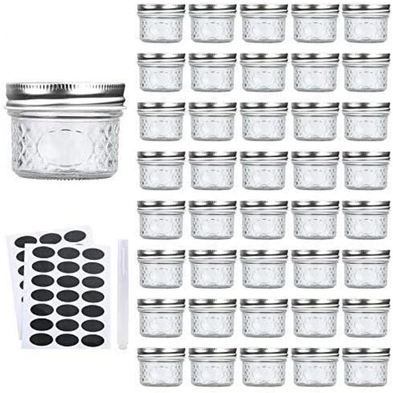 Mini Mason Glass Canning Jars,4 OZ Jelly Jars with Regular Lids(Silver,Ideal for Honey,Jam,Wedding Favors,Shower Favors,Small Pice Jars 40 PACK