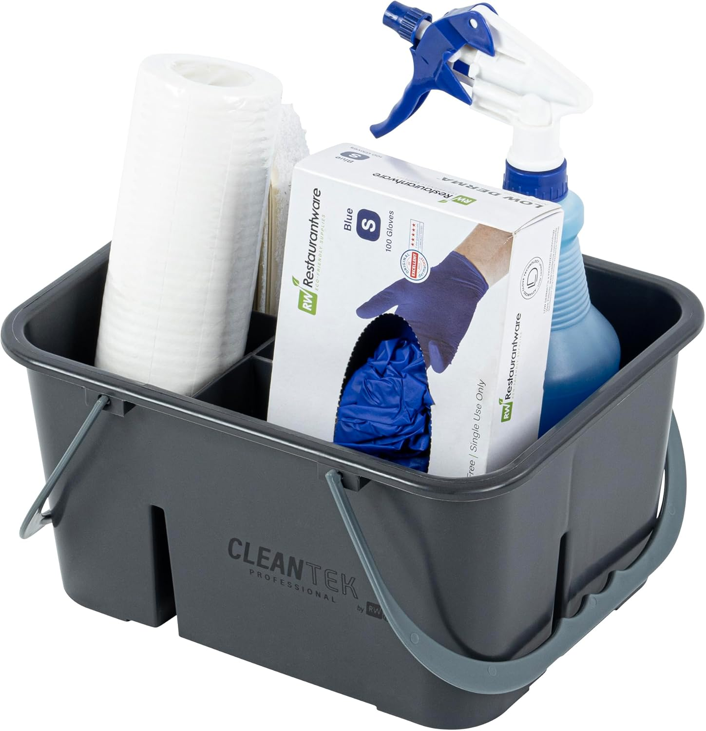 -Clean Tek Professional Cleaning Caddy, 1 Cleaning Supply Caddy with Handle - 4 Compartment, Multipurpose, Gray Plastic, All-Purpose, for Bathroom, Bedroom, Kitchen, or Garden