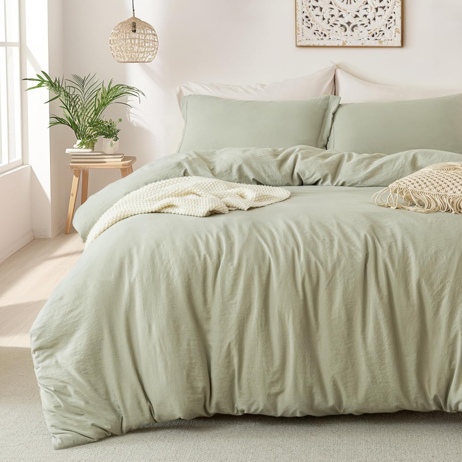 Super Soft Duvet Cover - 100% Washed Microfiber October Mist Sage Comforter Cover Set 3 Pieces with Zipper Closure & Corner Ties (No Comforter)