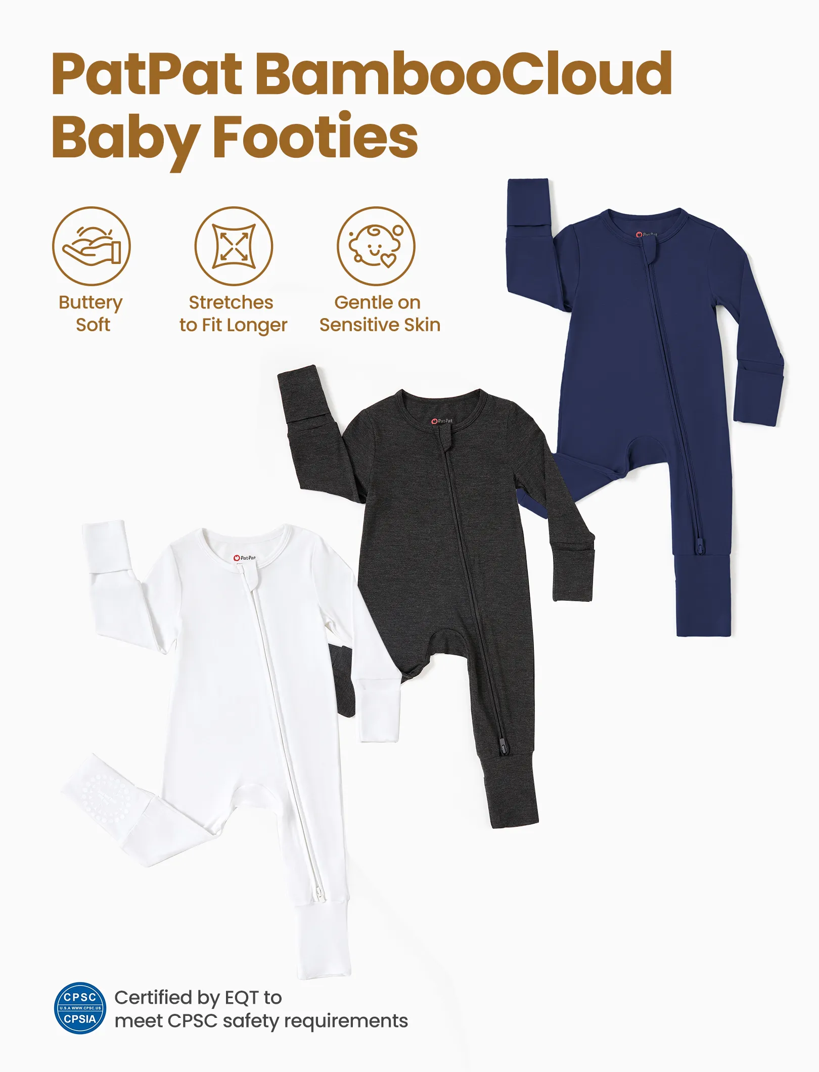 Bamboo Baby Boy / Girl 3-Pack Solid&Rainbow Printed 2-Way Zipper anti Slip Long-Sleeve Footie Dark Blue