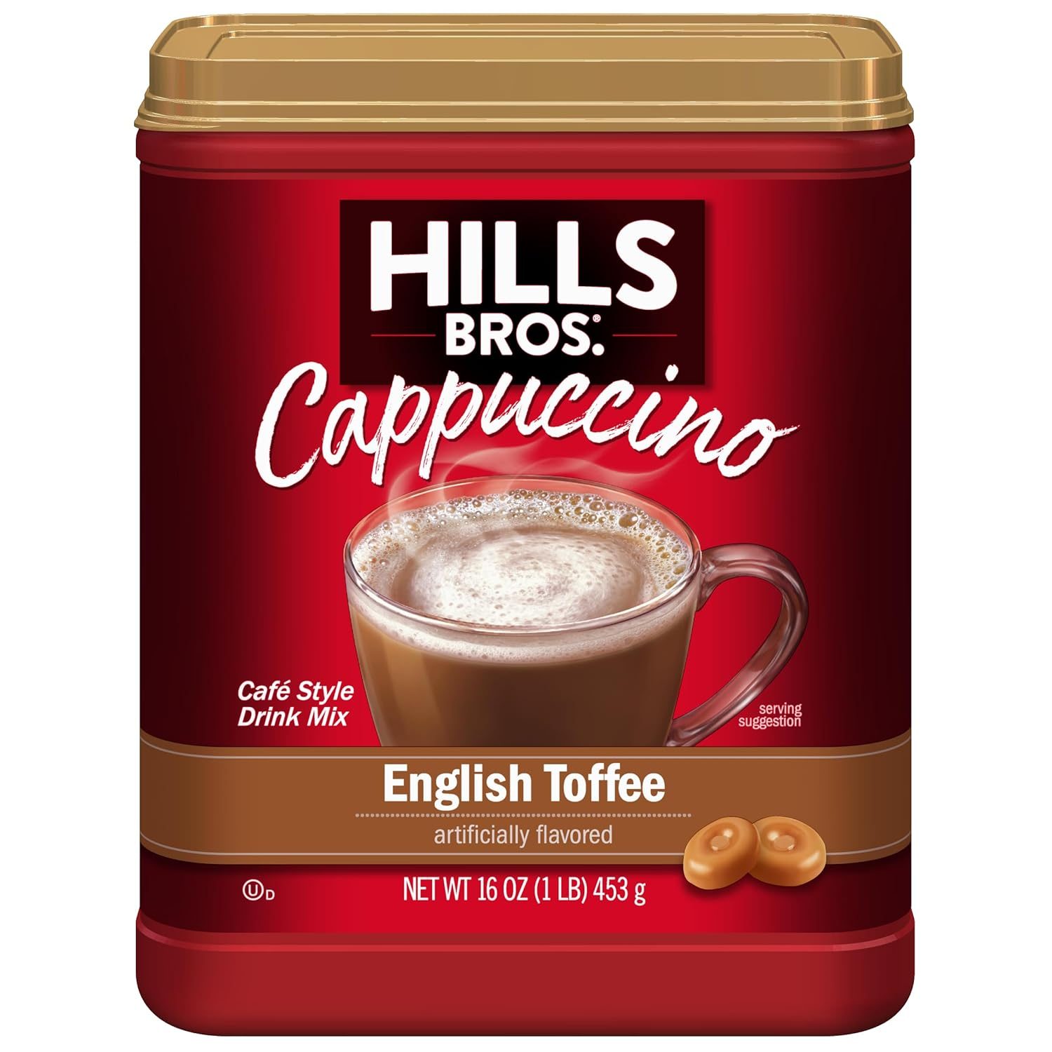 Hills Bros. Instant Cappuccino Mix, English Toffee (16 Oz, Pack of 1) – Convenient and Versatile, Instant Hot or Iced Coffee, Frothy & Rich English Toffee Flavor - Just Add Water