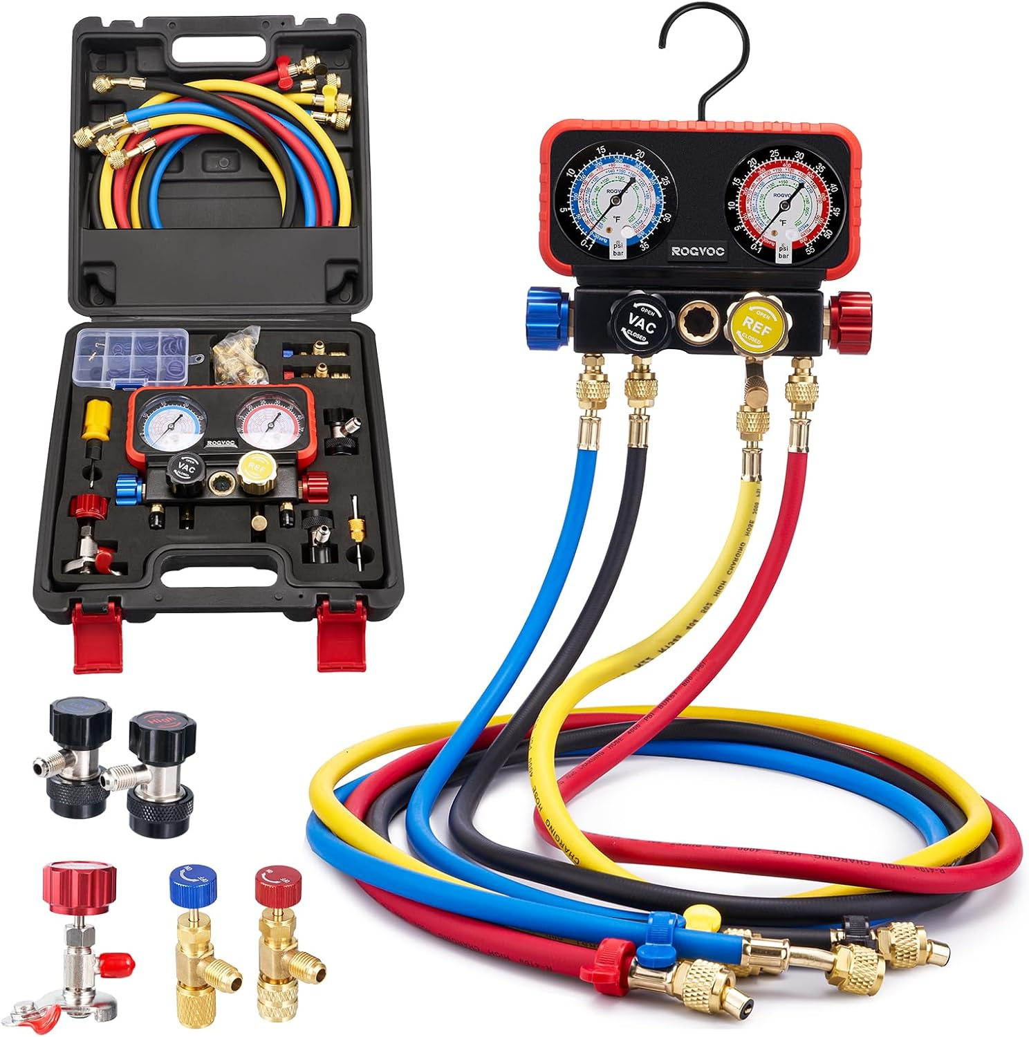 AC Gauges, AC Manifold Gauge Set for R22/R410A/R134A Refrigerant, 4 Way HVAC Refrigerant Gauges Set with R22 R410A Safety Valves, 5FT Hoses, R134A Adapters, Can Tap, Red