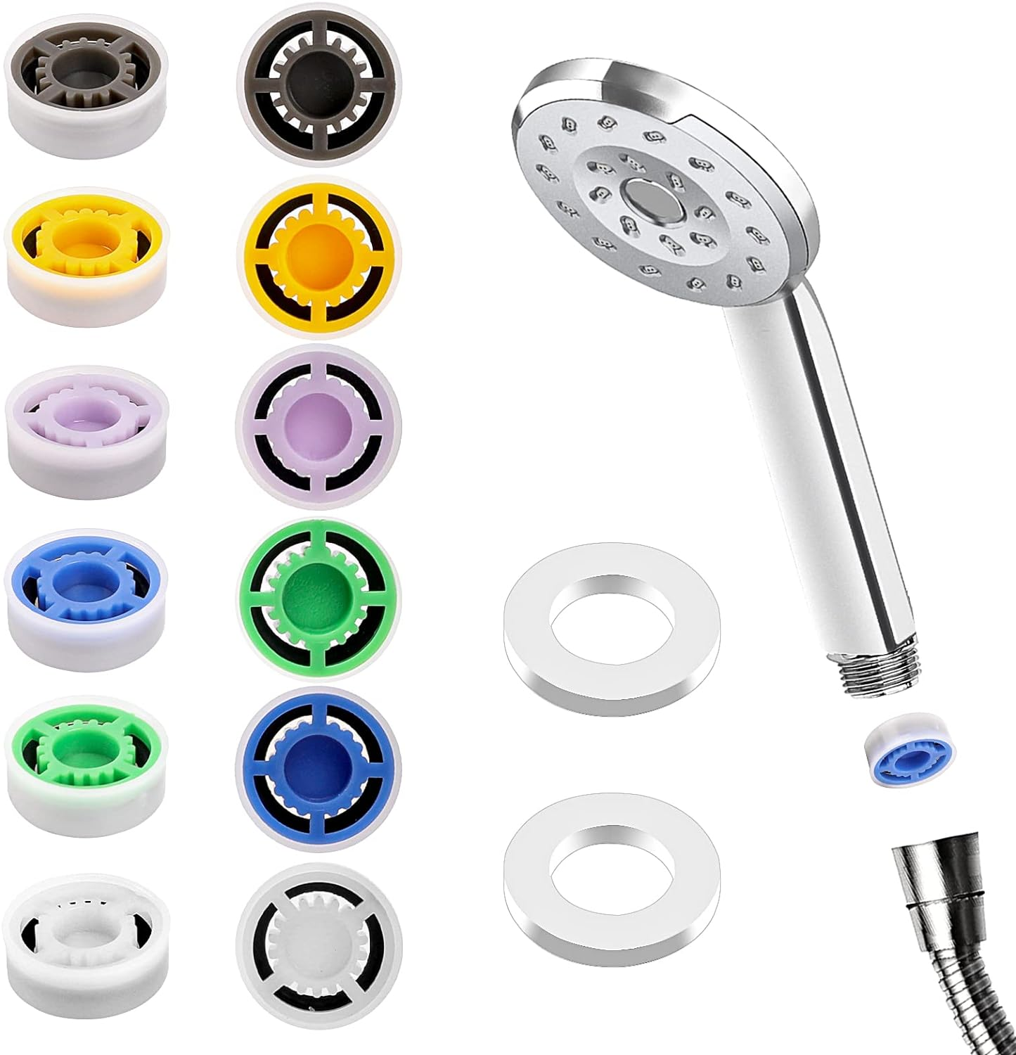 12Pcs Shower Flow Reducer Limiter, Shower Head Flow Restrictor Water Saver Low Flow Water Pressure Water Saving Shower Head Adapter for Handheld Shower 1.2 1.5 1.8 2.0 2.5 3.0 GPM