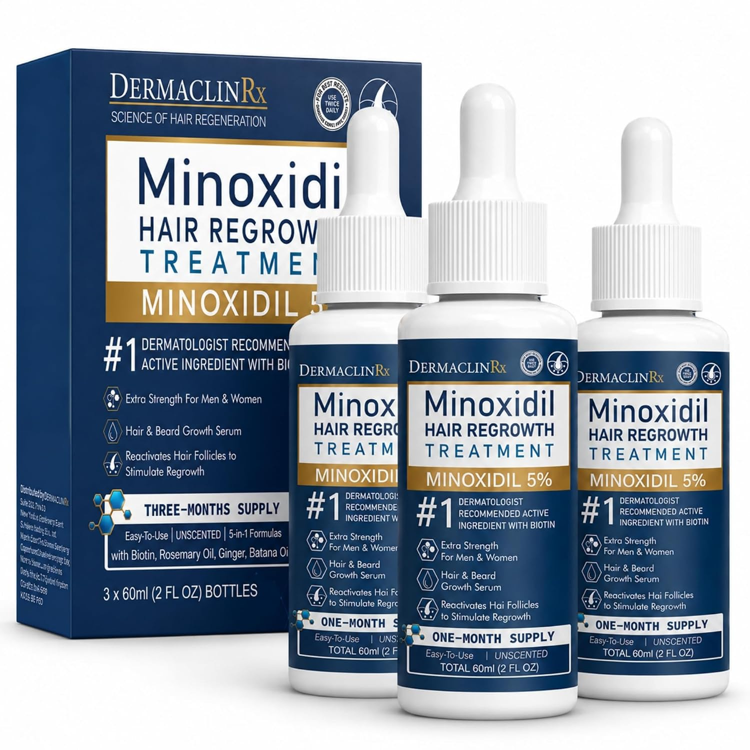 5% Minoxidil Hair Regrowth Serum for Men & Women with Thinning Hair, 3-Pack