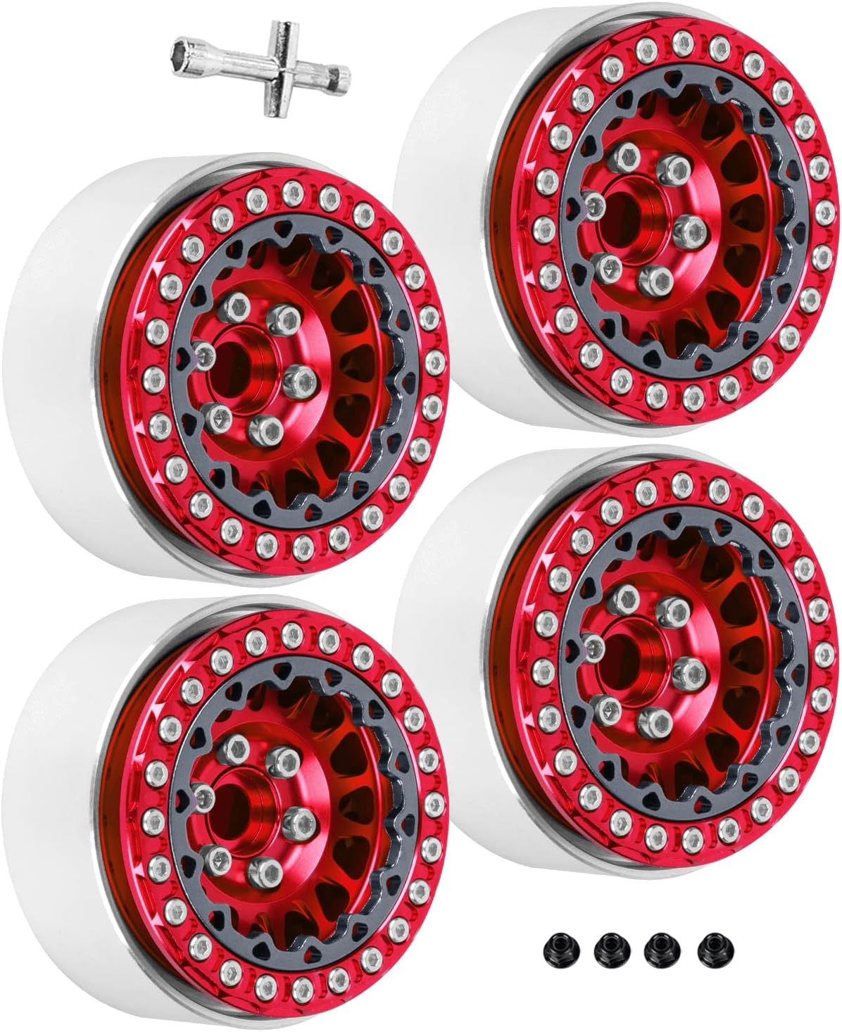 RC 1.9 Beadlock Wheels for 1/10 RC Crawler TRX4 Axia1 SCX10 SCX10 Iii,Alloy Aluminium 1.9 Rc Beadlock Rims 1.9 Rc Wheels,4Pcs,Red