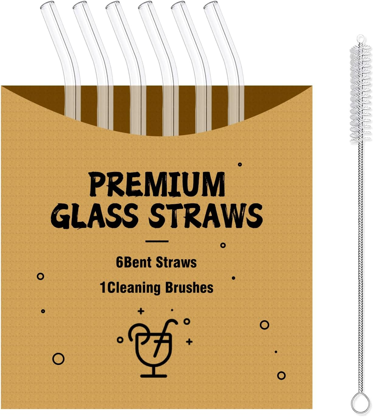 Glass Straws 6 Pack, Reusable Clear Drinking Straws-6 Bent Straws with 1 Clean Brush-Plastic-Free Cleaning Brush - Dishwasher Safe -Suit 16 Oz Glass Cup for Smoothies Cocktails Mojito Ect