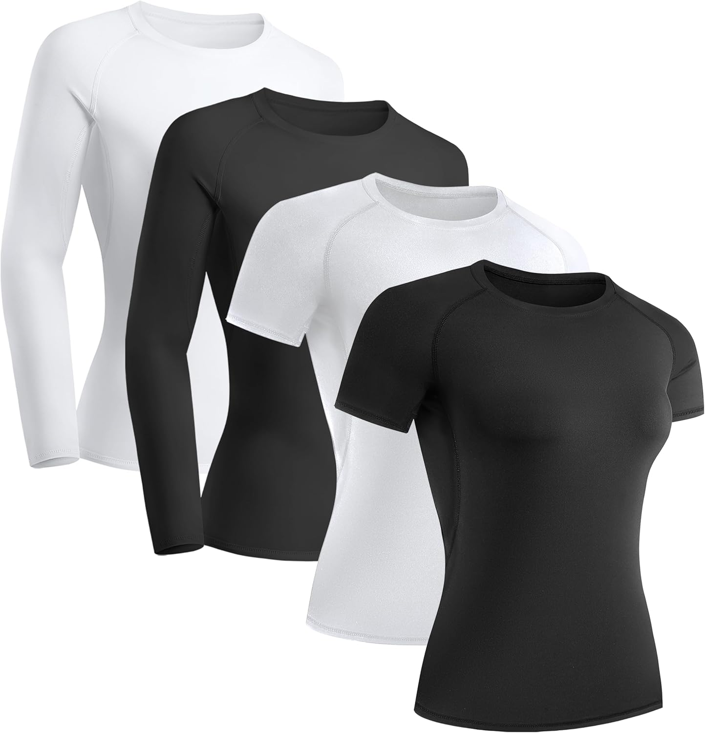 4 Pack Women's Compression Shirt Long/Short Sleeve Performance Workout Baselayer Athletic Top Gym Sports Gear