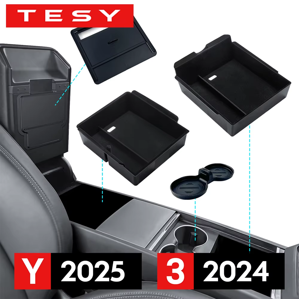 For Tesla New Model Y Juniper 2025 Launch Model 3 Highland 2024 Center Console Armrest Storage Box Upper&Lower Silicone Mat