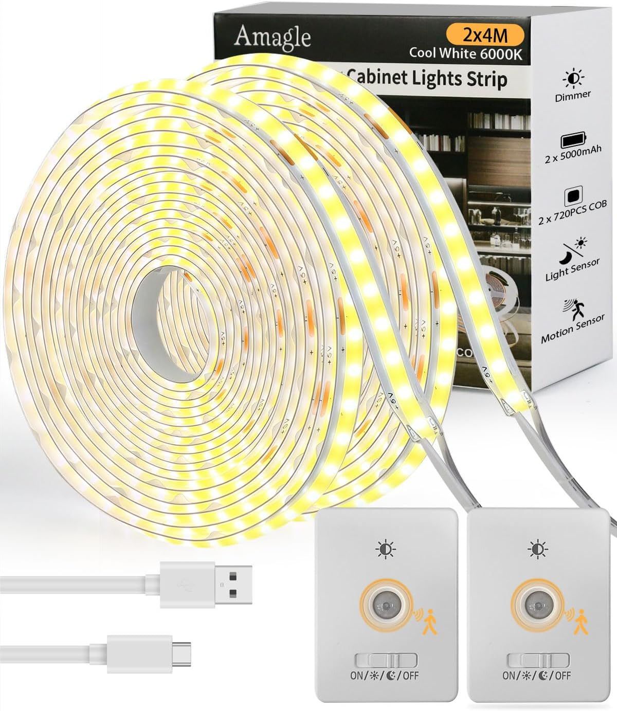 Under Cabinet Lighting Wireless, 2 Pack 5000Mah 13FT COB Motion Sensor Led Light Strips Indoor, Rechargeable Battery Powered Motion Activated Stair Shelf Closet Cabinet Counter Led Strip Tape Lights