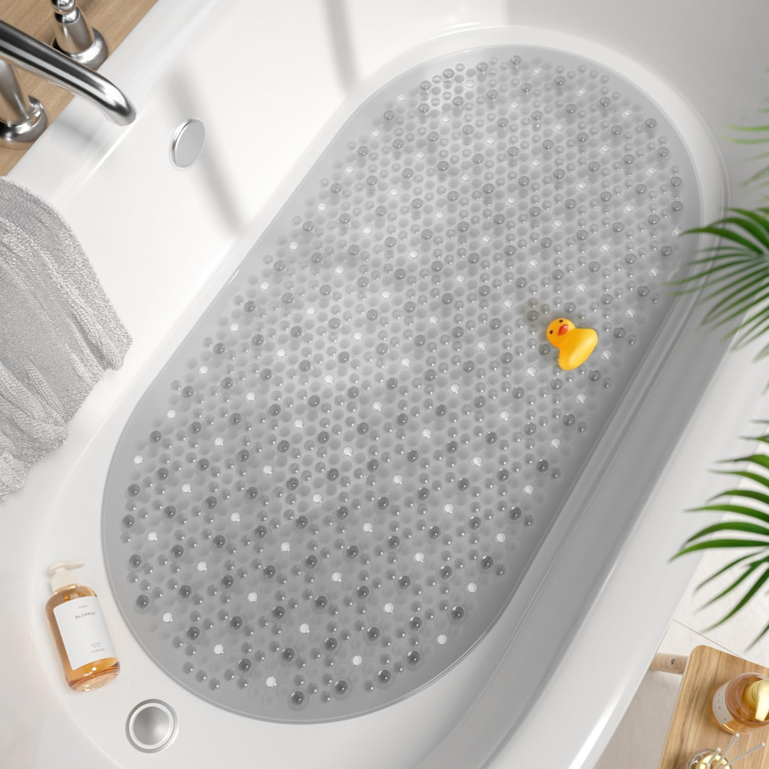 Oval Bathtub Mat Non Slip, 27x15 Inch Bubble Bath Tub Mat for Bathroom, Machine Washable Shower Mat with Suction Cups and Drain Holes, Grey