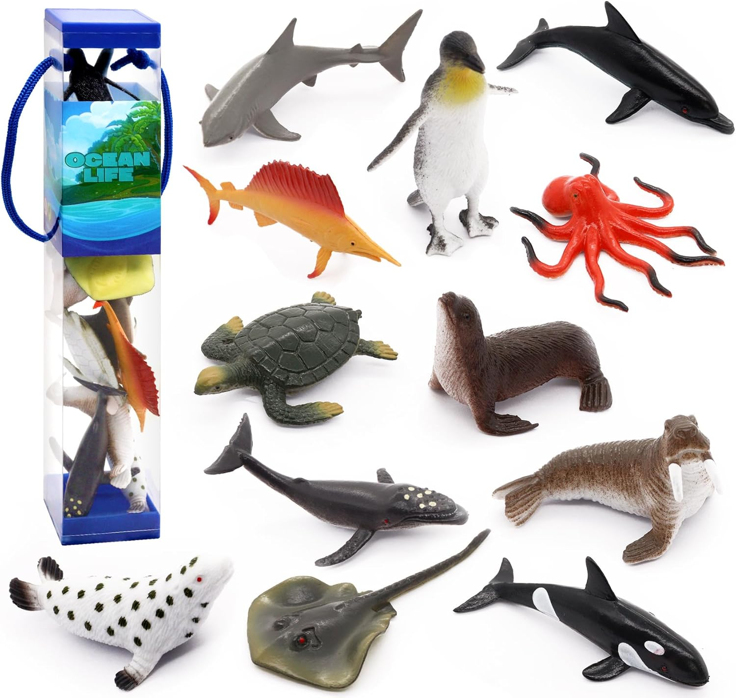 12 Pcs Animal Sea Figures Ocean Toy for Kids: Sharks, Whales & Octopus-Sea Anima