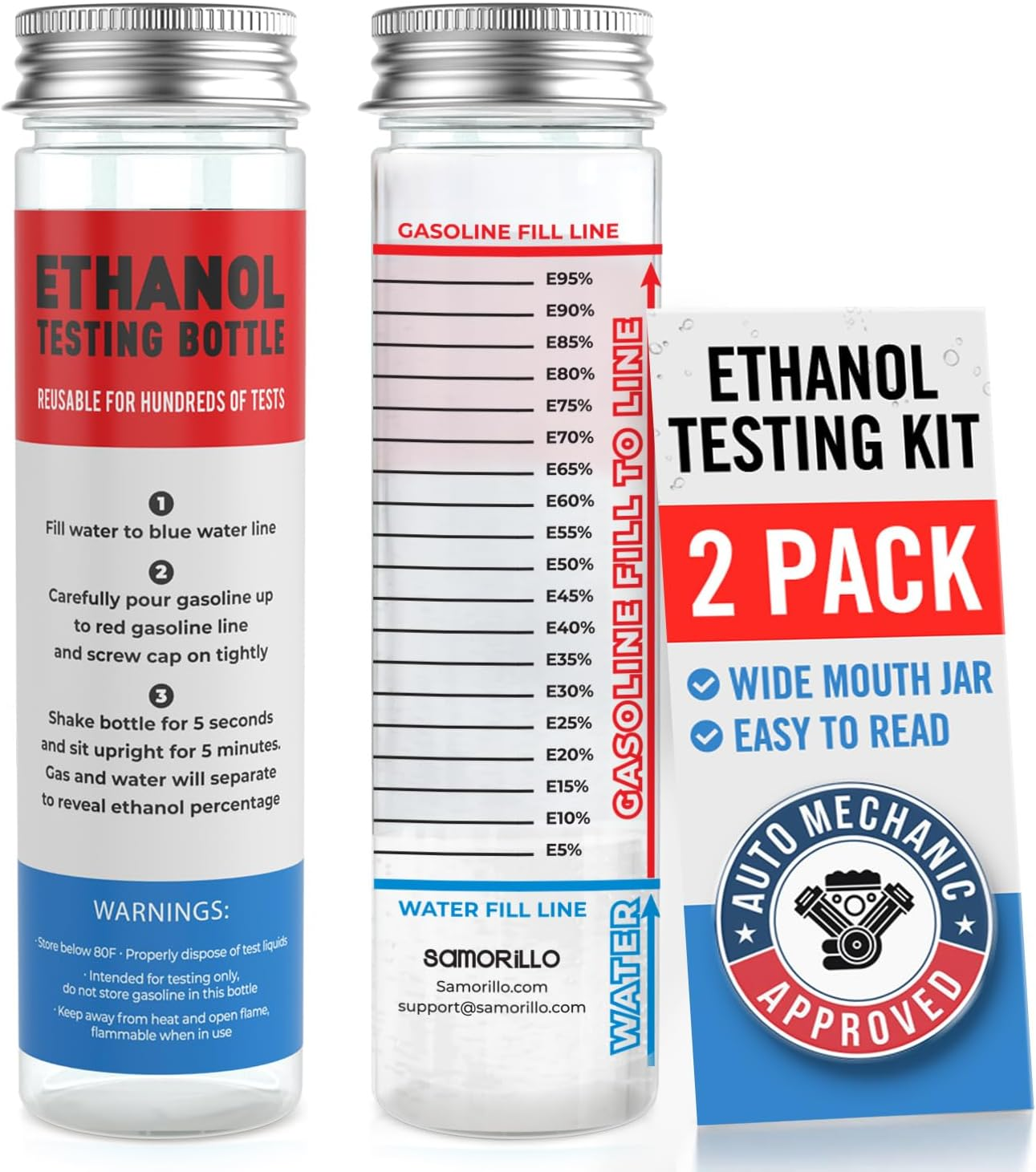 [2-Pack] Reusable Ethanol Testing Kit - Wide Mouth Fuel Test Bottle for E85 and Ethanol Levels - Fewer Spills and Clear Results in Minutes - Test Hundreds of Times - Two Ethanol Test Bottles Included