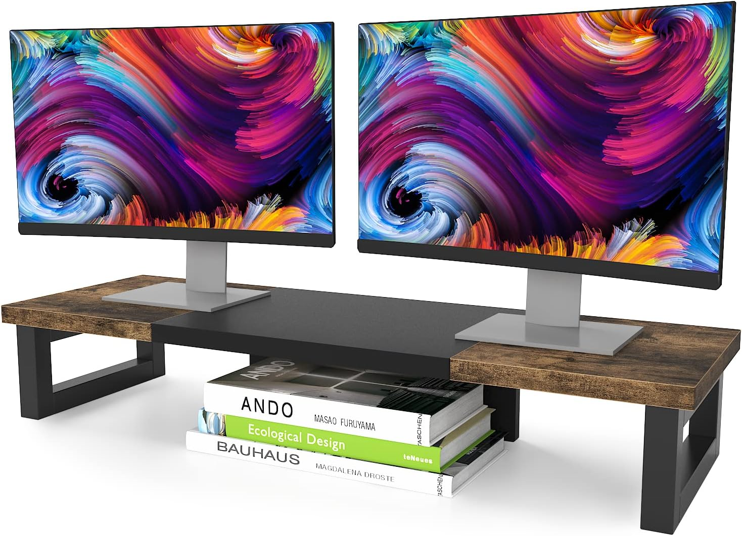 Dual Monitor Stand Riser Wood Steel Desktop Storage Rustic Brown