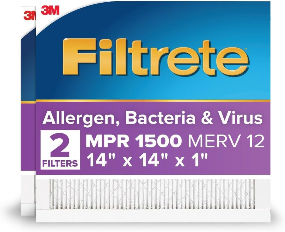 Filtrete 14X14X1 AC Furnace Air Filter, MERV 12, MPR 1500, CERTIFIED Asthma & Allergy Friendly, 3 Month Pleated 1-Inch Electrostatic Air Cleaning Filter, 2-Pack (Actual Size 13.81X13.81X0.78 In)