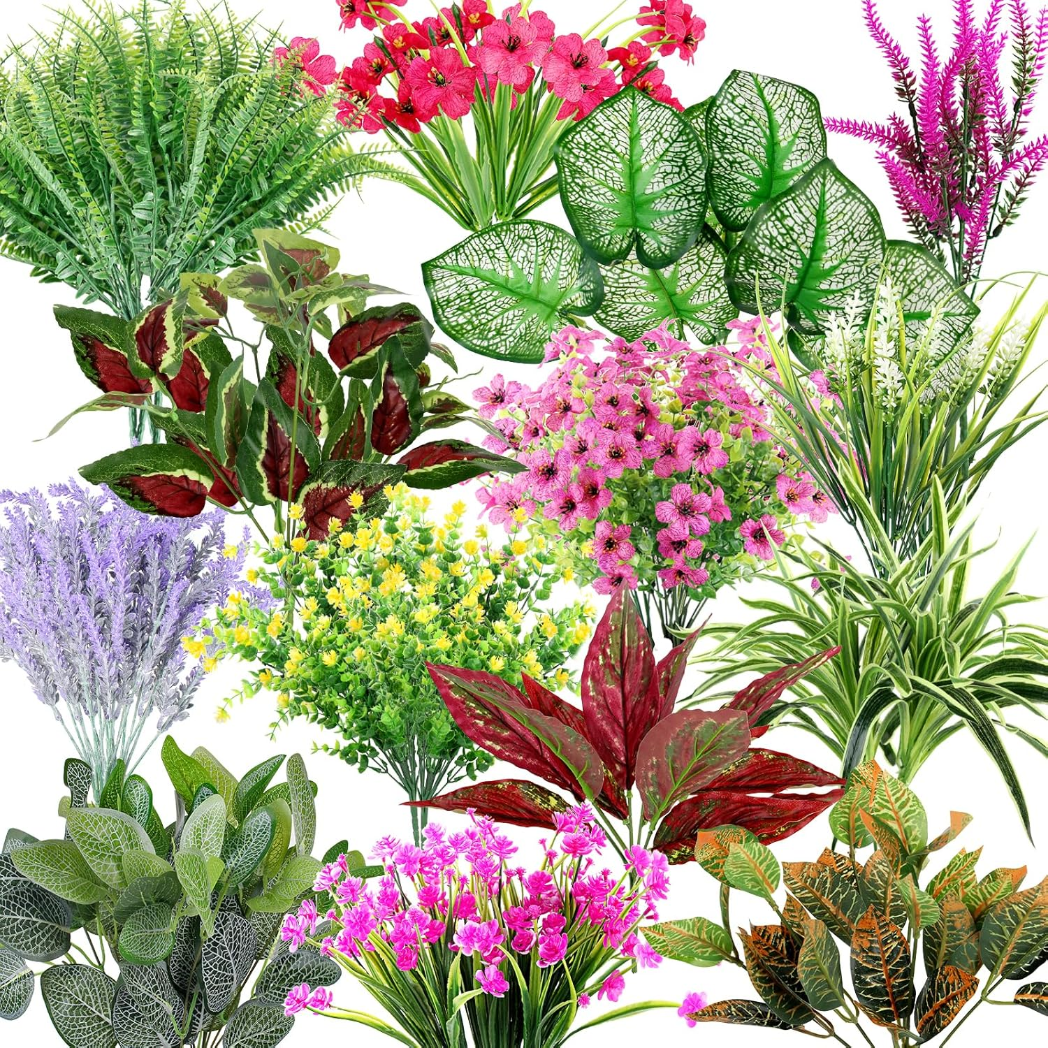 19 Bunches 14 Style Outdoor Artificial Plants UV Resistant Realistic Greenery Shrubs Ferns Lavender Flowers Bulk Faux Bushes Stems for Indoor outside Hanging Front Garden Porch Patio Window Box Decor