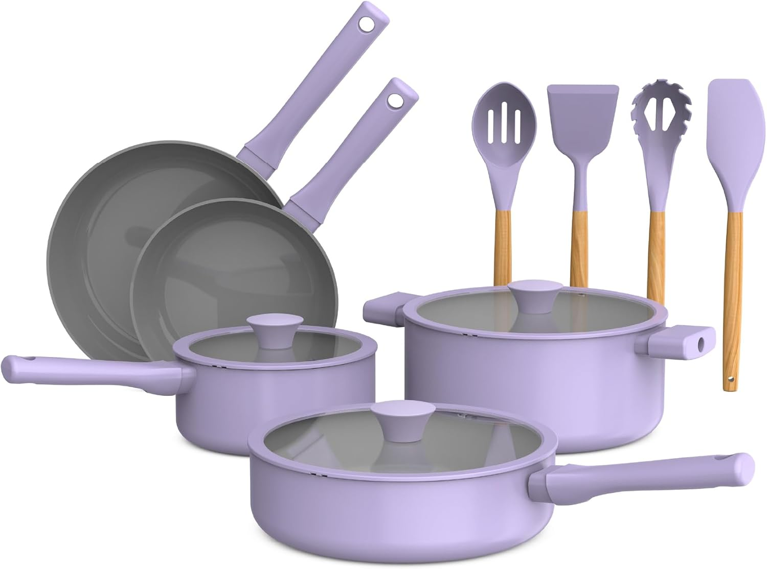 by Bella 12 Piece Cookware Set W Evergood™ Ceramic Nonstick Coating​ and Silicone & Wood Utensils, Dishwasher Safe Silicone & Glass Lids, Oven Safe & All Stovetop Compatible, Lavender