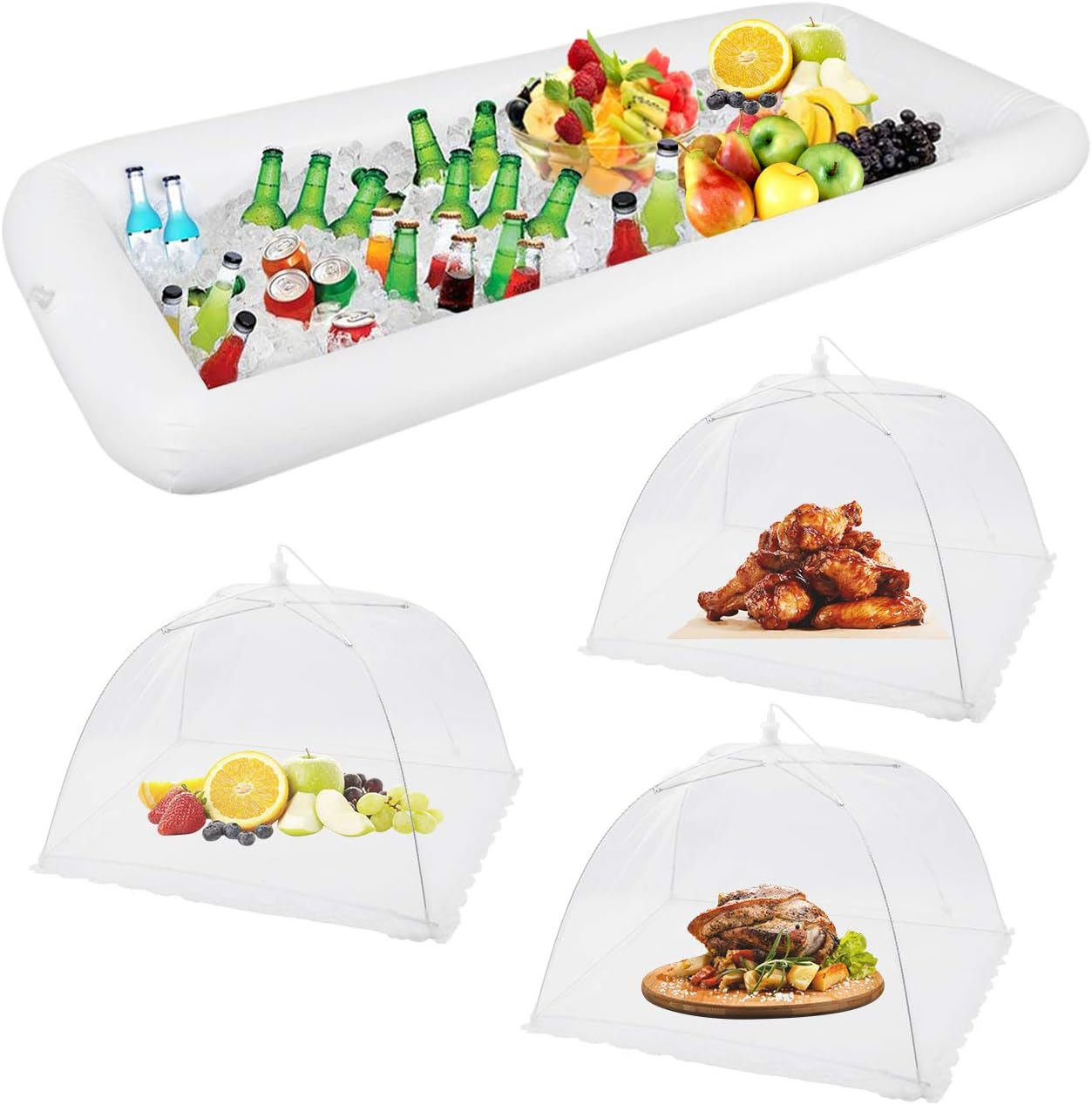 1PCS Inflatable Serving Bars and 3PCS Mesh  Umbrella Covers Tent for Outdoor,Keep Salads Beverages Ice Cold - For Parties Indoor & Outdoor BBQ, Picnic Pool Party Supplies Luau Cooler