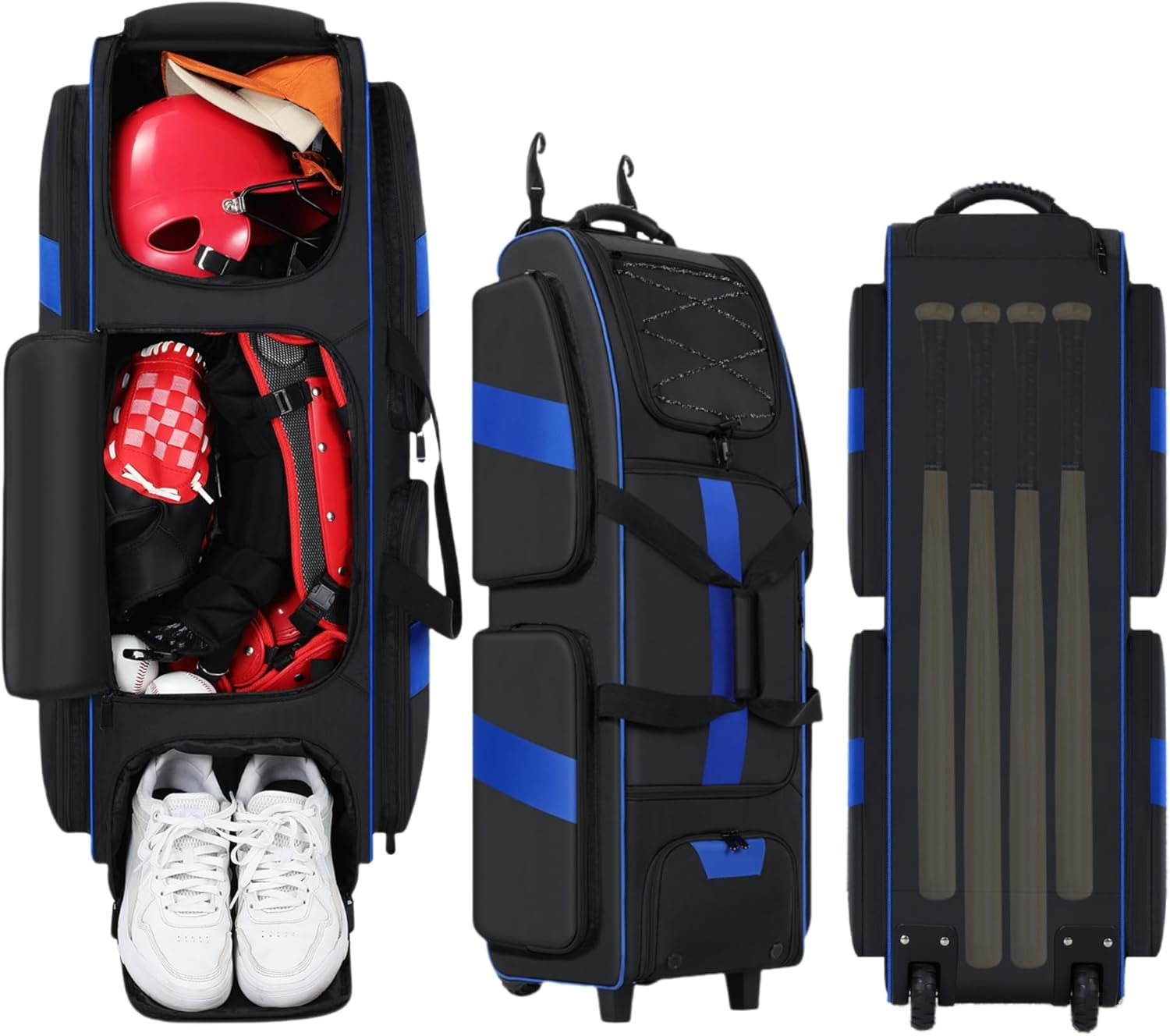 Rolling Baseball Bag with Wheels, Large Catchers Gear Bag for 4 Bats and Equipment,Separate Cleats Compartment, Multi-Pockets & Fence Hook, Portable Softball Baseball Bat Bags for Youth Adult