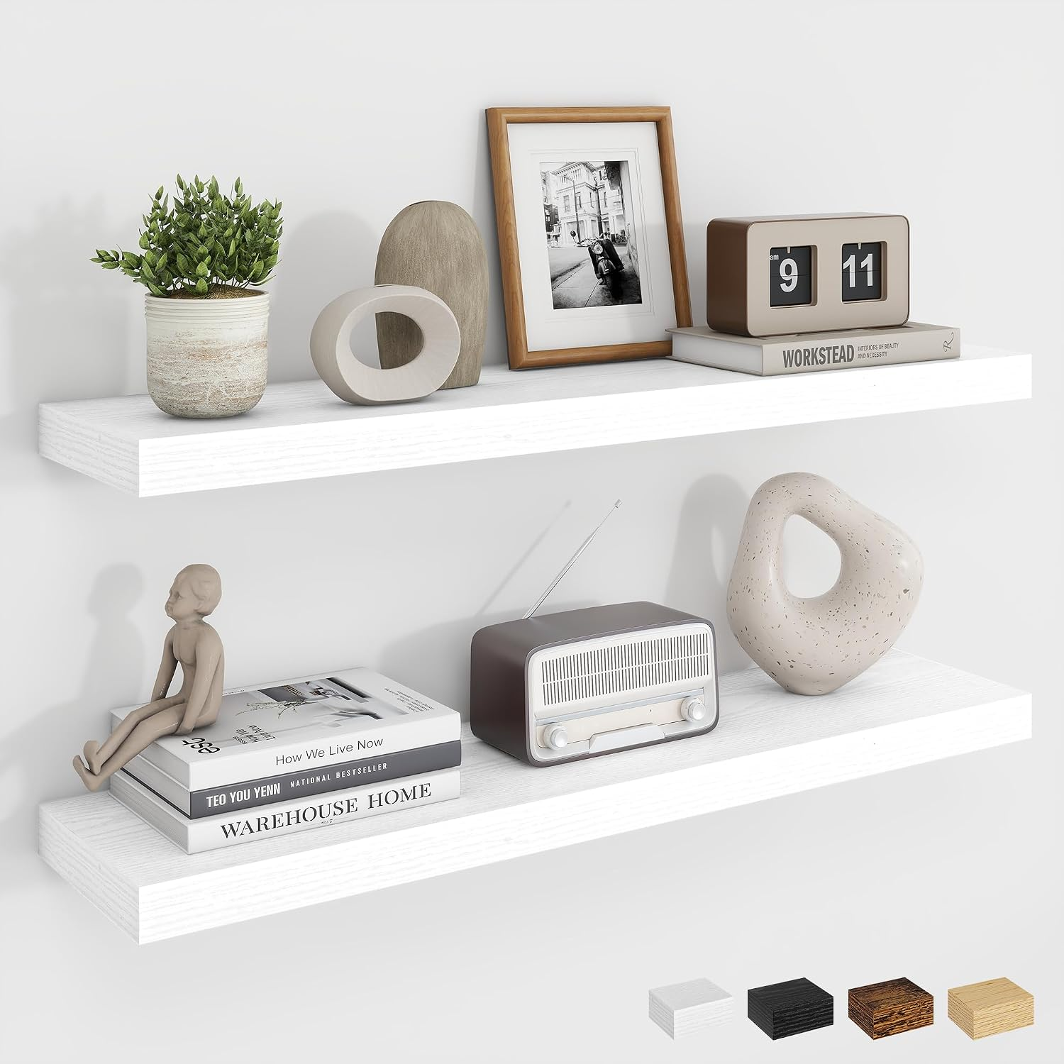 30Inch Floating Shelves for Wall, Rustic Wooden White Floating Shelves for Bathroom|Bedroom|Kitchen, Deep Wall Mounted Book Shelf, Wood Storage Display Shelf for Home Decor, Set of 2