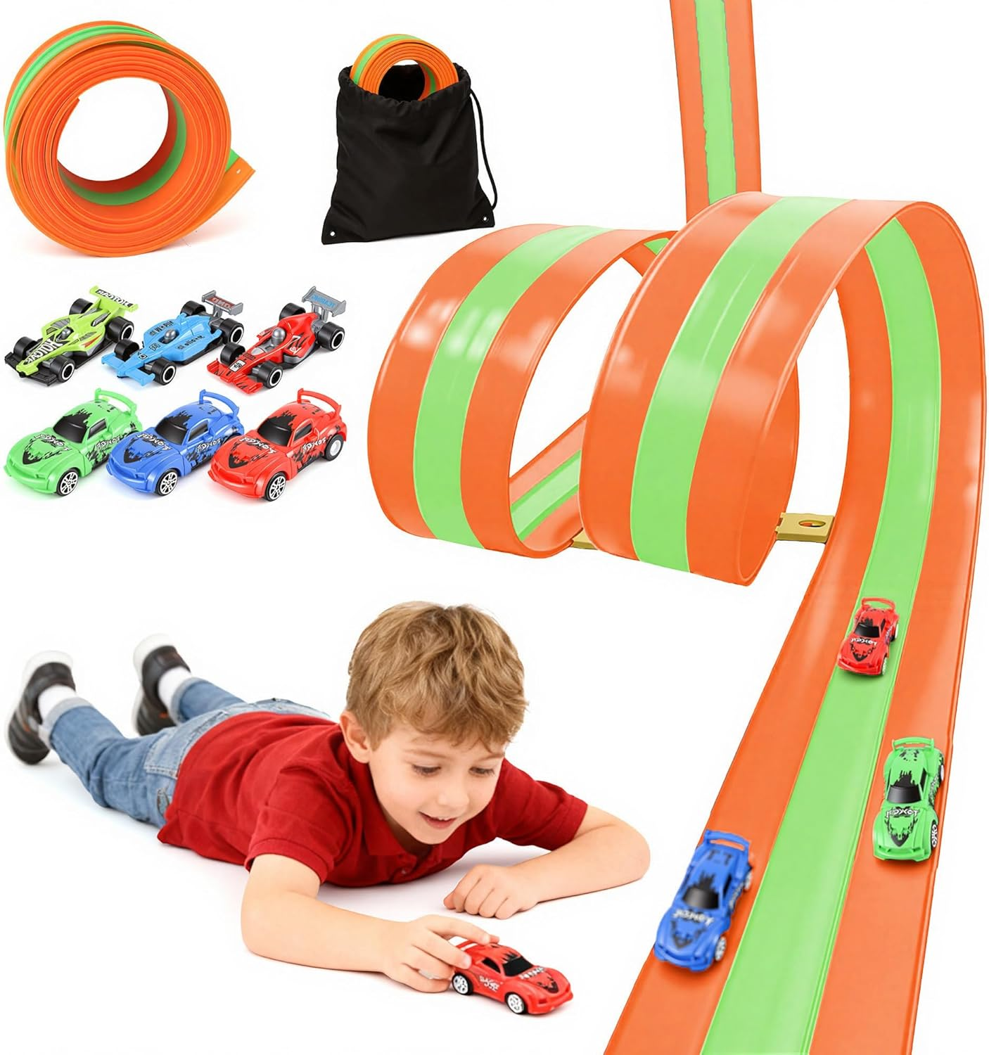 3-Lane Flexible Race Car Track for Kids, 16.4Ft Roll up Racetrack with 6 Cars, No Assembly Battery-Free Track Set Compatible with 1/64 Diecast Cars, Gift for Boys Girls 3-12, Orange