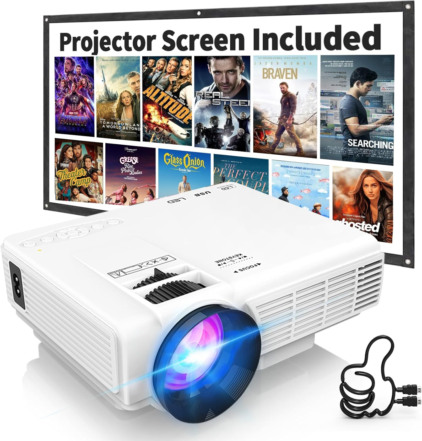 1080P Mini Projector with Screen, Portable Home Theater Movie Projector with Two-Way Bluetooth, HDMI/USB Input for Smartphone/Tv Stick, Ideal for Indoor & Outdoor Use