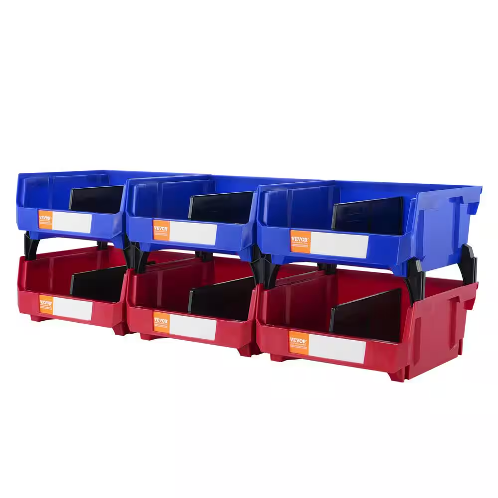 Plastic Storage Bin 11 In. X 11 In. X 5 In. Hanging Stackable Storage Organizer Bin in Blue/Red (6-Pack)