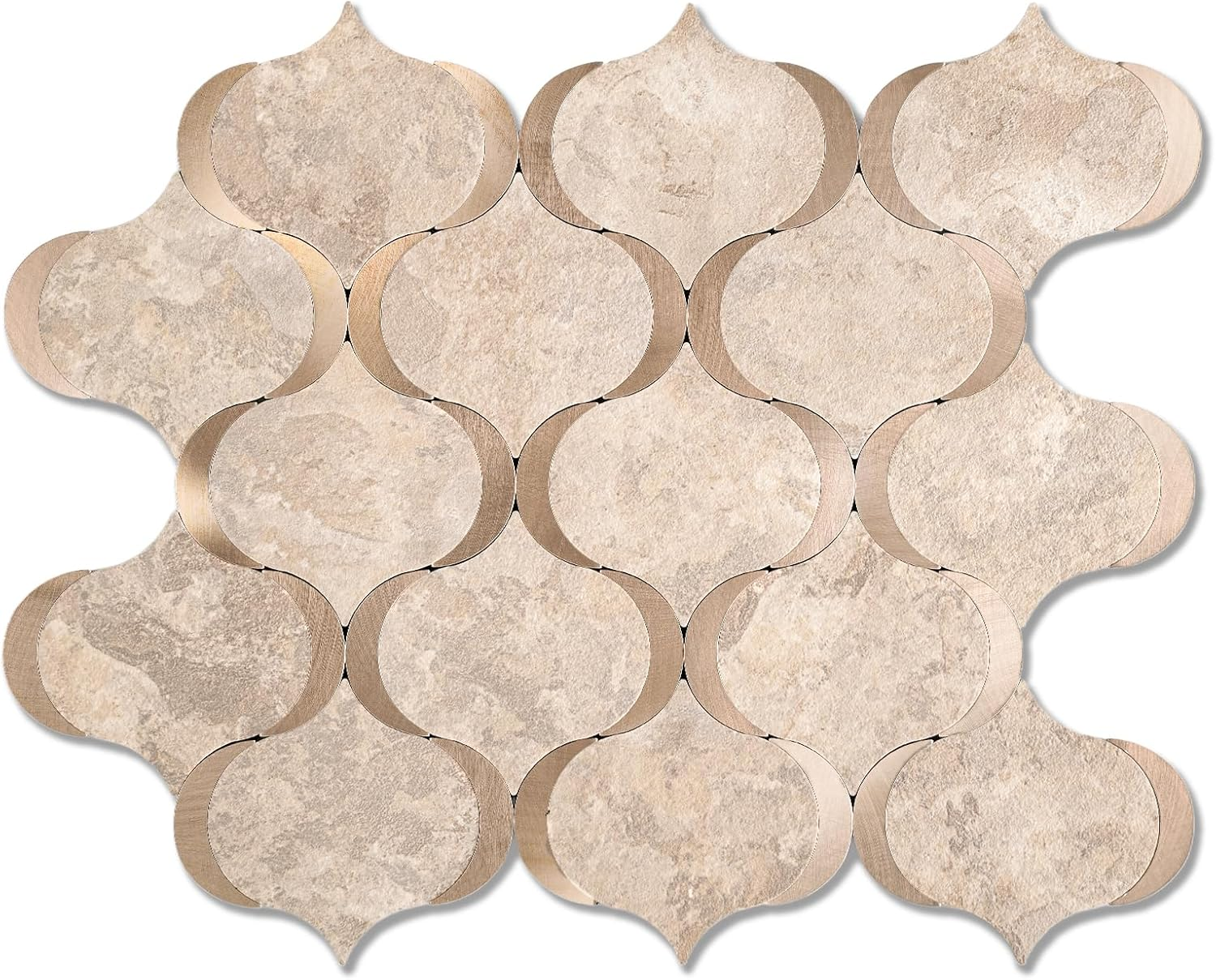 10 Sheet Arabesque Peel and Stick Backsplash Tile, Stick on Backsplash for Kitchen and Bathroom Wall, Beige Stone Look PVC Mixed Metal Aluminum