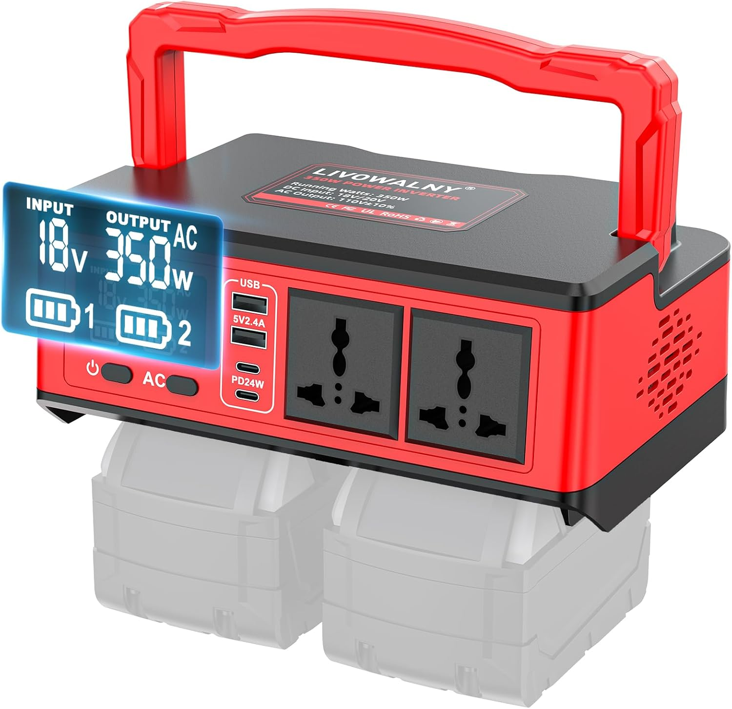 350W Power Station Compatible with Milwaukee: Portable Generator DC 18V to AC 110-120V Power Inverter Battery Adapter Phone Charger 2 USB-A & 2 Type-C & 2 AC Outlet & 7 Colors RGB Light