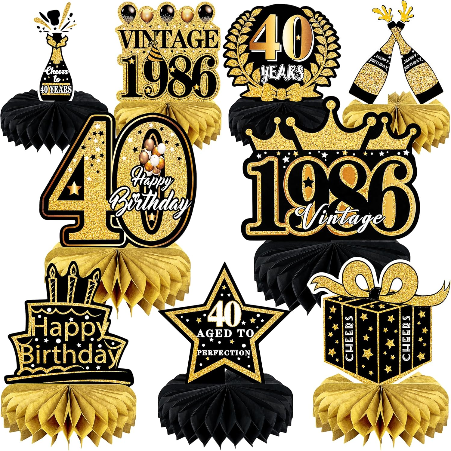 9 Pcs 40Th Birthday Decoration for Men Women Happy 40Th Birthday Table Decorations Cheers to 40Th Honeycomb Centerpieces Birthday Party Decorations Black and Gold 40Th Birthday Party Favors