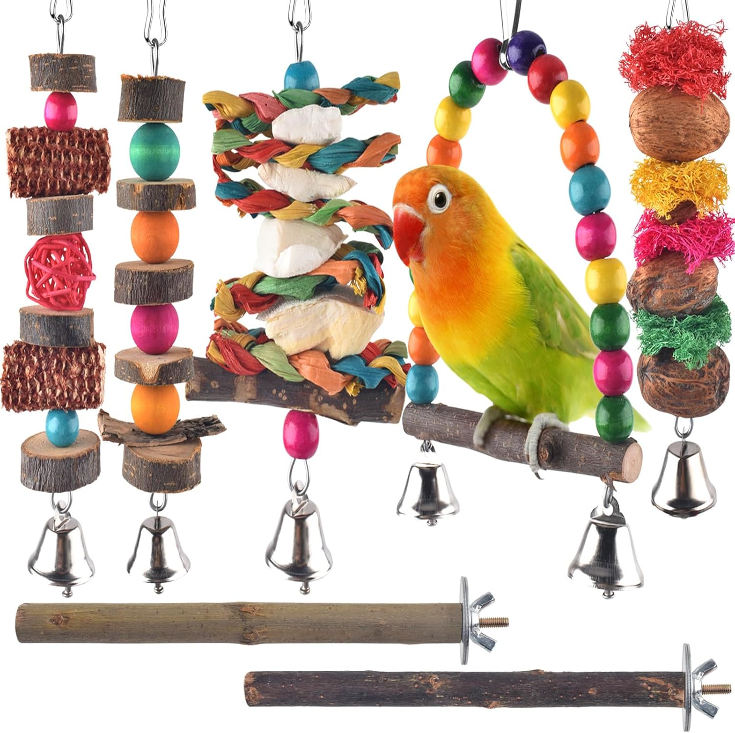 Bird Chew Toys, 7 Packs Hanging Cage Toys, Lovebird Budgie, Perch Stand
