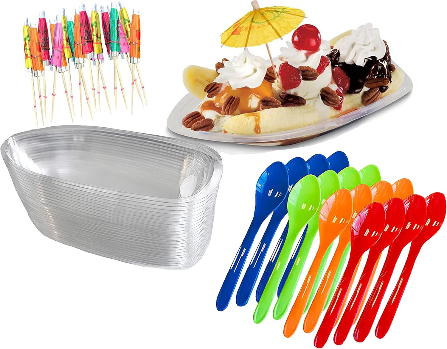 Clear Plastic Banana Split Boats 12 Oz.Disposable Dish - Paper Umbrellas - Eco F