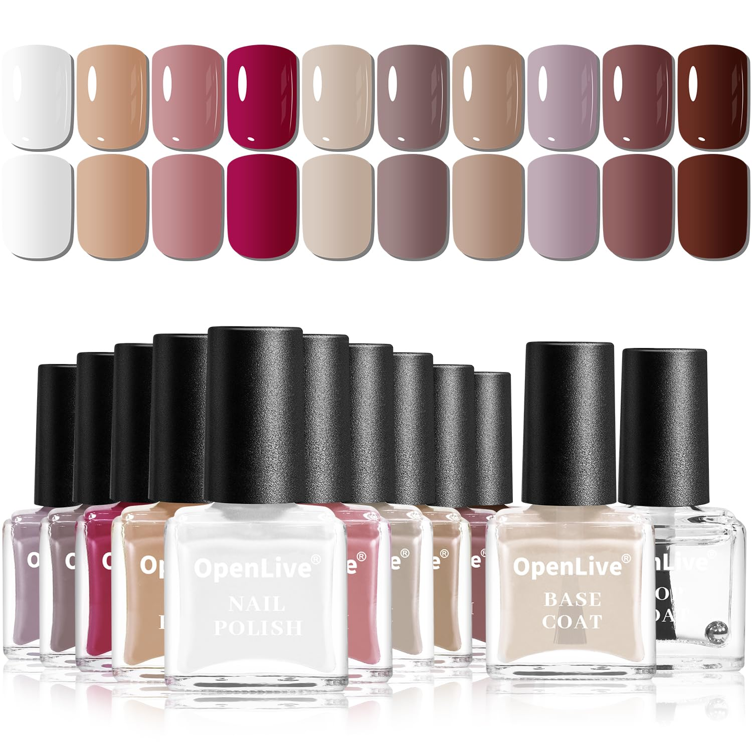 12 PCS Nail Polish Set 10 Color with 2PCS Base and Top Coat Quick Drying Fall Nude Brown White Red Color Holiday Gift for Her