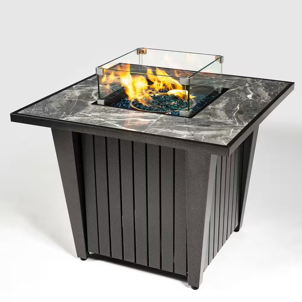 32 In. Gray Rattan Fire Pit Table with Ceramic Tile Tabletop, Glass Wind Guard and Rain Cover