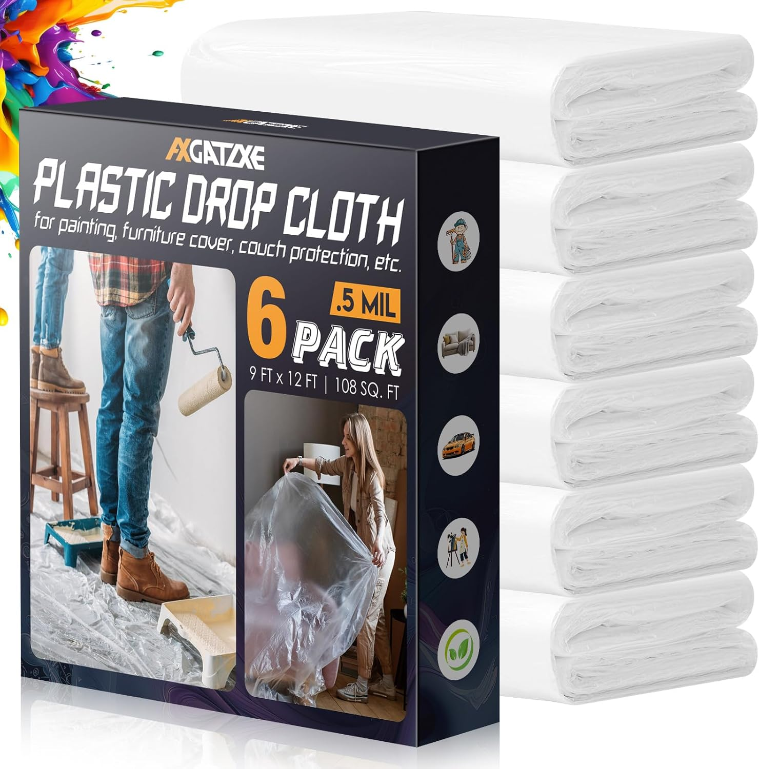 12 X 9 Ft Plastic Drop Cloths (6-Pack) - Disposable Painter'S Sheeting & Tarps for Painting, Waterproof Furniture/Couch/Floor Protection
