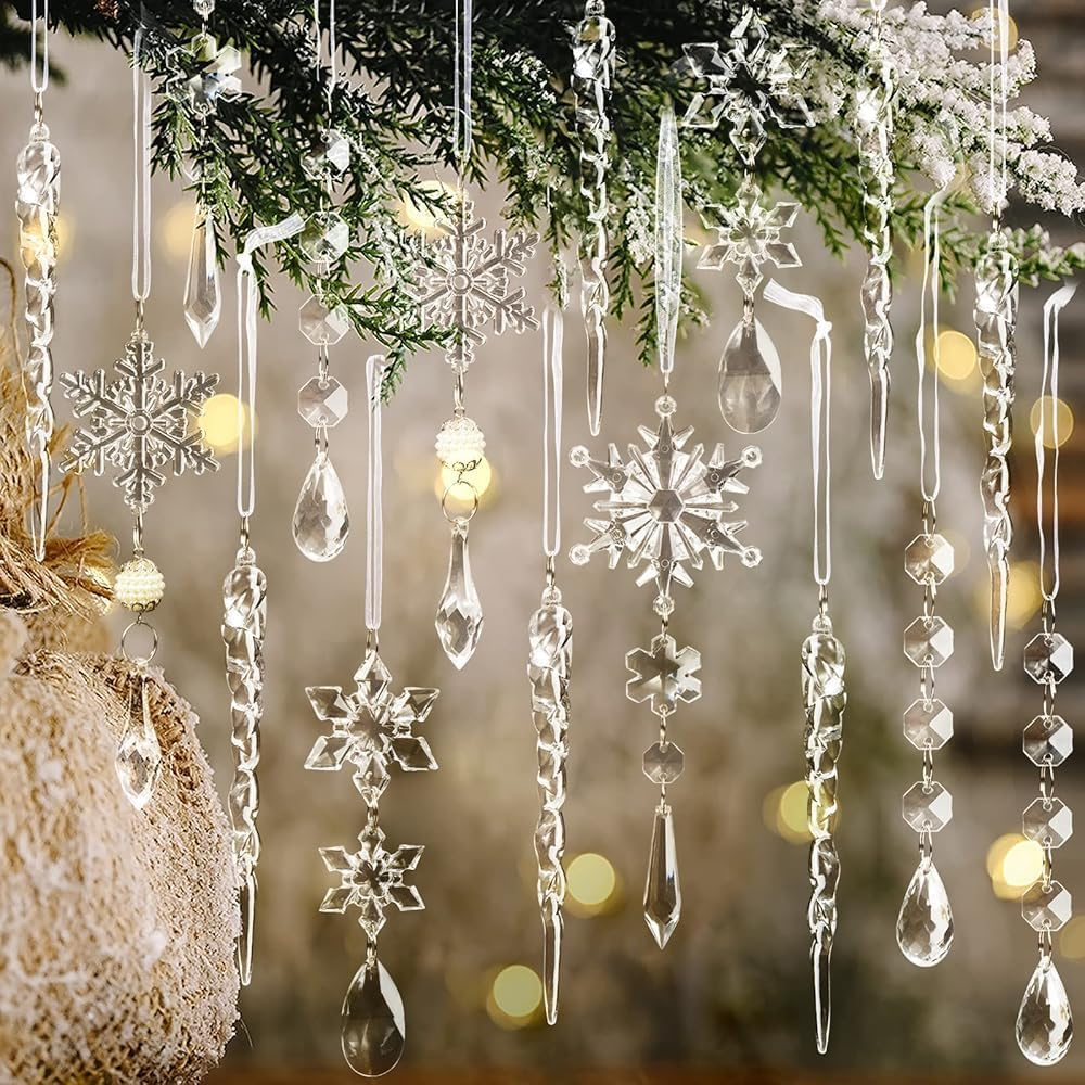 32 Pcs Acrylic Crystal Christmas Ornaments Snowflake Icicle Hanging Set