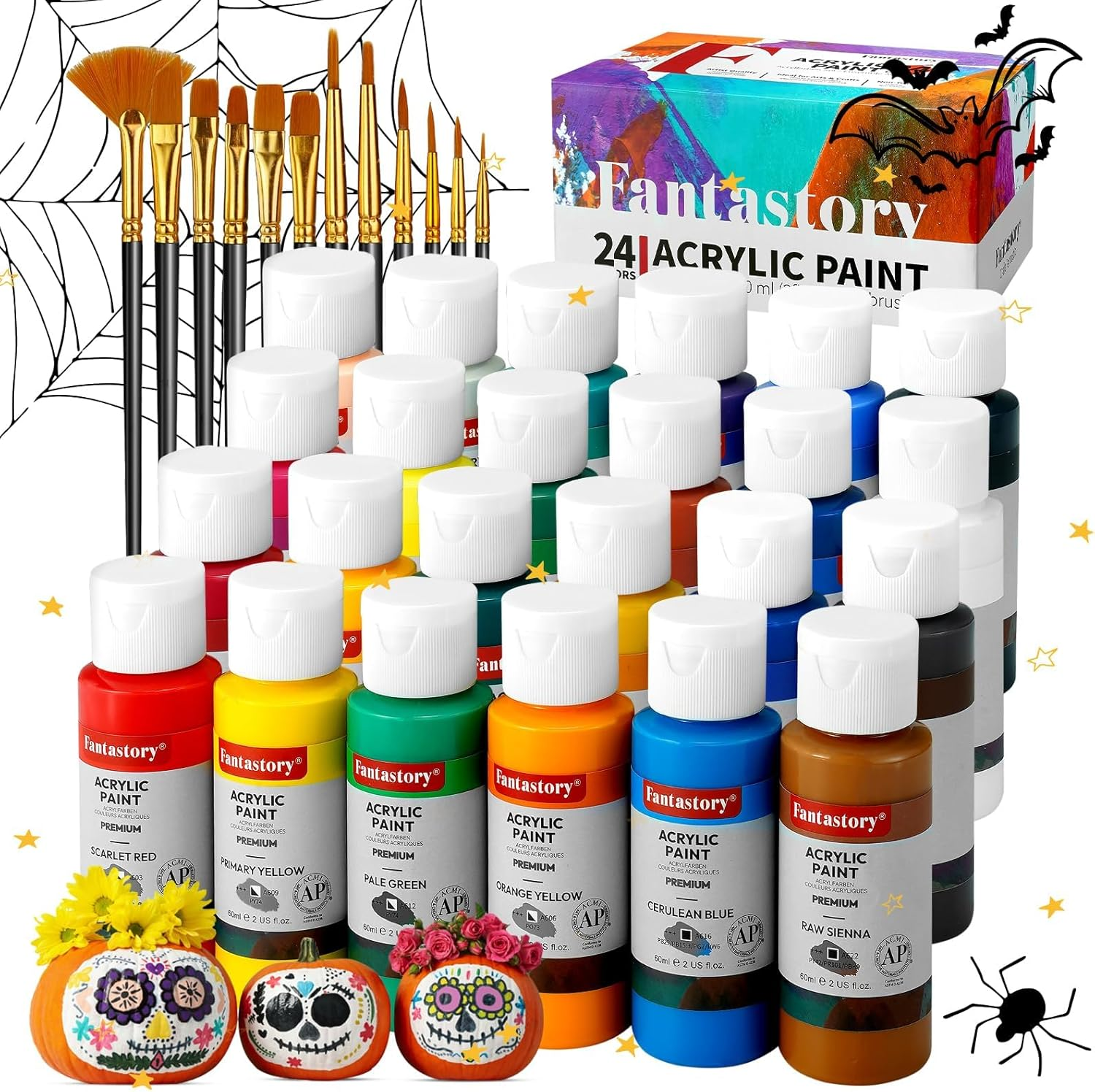 Acrylic Paint Set, 24 Colors(2Oz/60Ml), Professional Craft Paint, Art Supplies Kit for Adults Canvas/Fabric/Rock/Glass/Stone/Ceramic/Model/Wood Painting with 12 Brushes