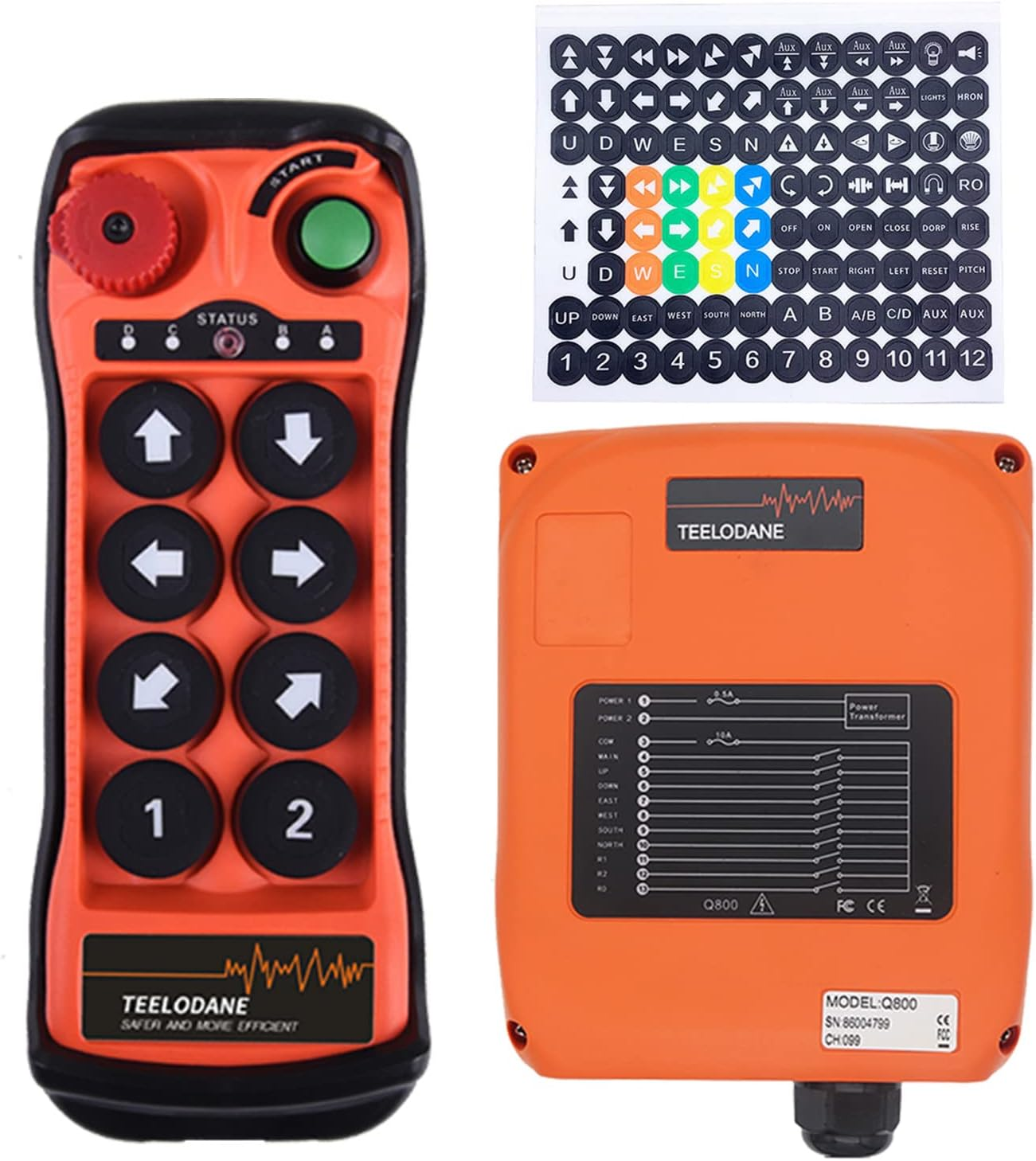 Q800 Industrial Wireless Crane Remote Control Kit 8 Button 12V 24V Electric Lift Hoist Overhead Tower Bridge Transmitter Receiver with Emergency Stop