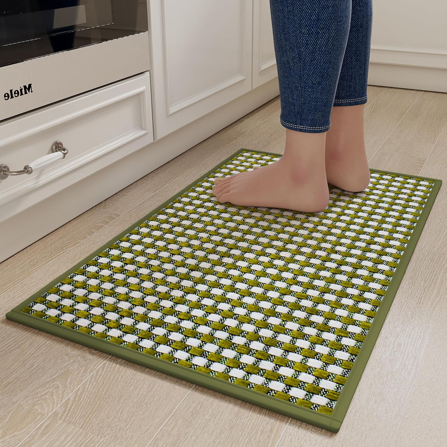 Kitchen Mats for Floor, Super Absorbent Kitchen Rugs Non Slip Washable, Rubber Backing Soft Chenille Braided Kitchen Runner Rug Standing Mat Sink Mat, Easy to Clean, Green 17